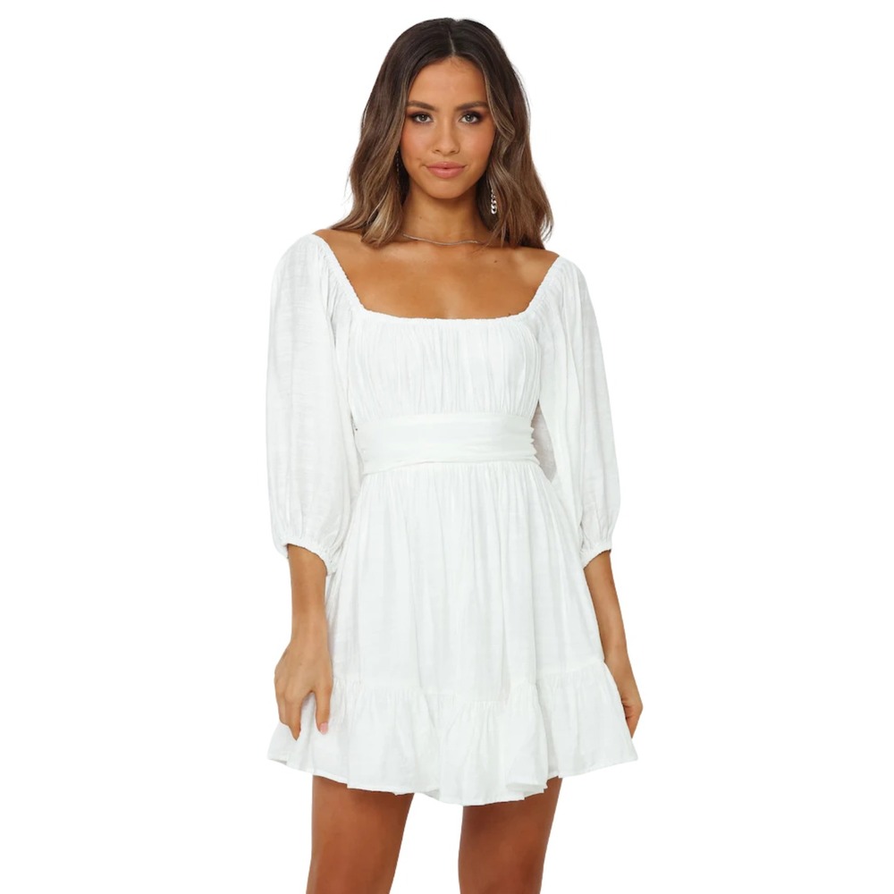 Hello Molly Dress Large US 8 White Espionage Puff Sleeve Bow Open Back Bride NWT